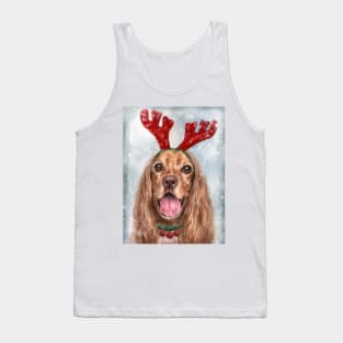 Painting of a Smiling Cocker Spaniel with a Reindeer Headpiece Antlers Costume in the Snow Tank Top